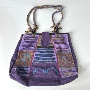 Purple Patchwork Cotton Tote Bag Nepal Embroidered Slouchy Festival Boho Hippie